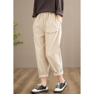 French Spring Trousers Plus Size Beige Inspiration Elastic Waist Pockets Pant