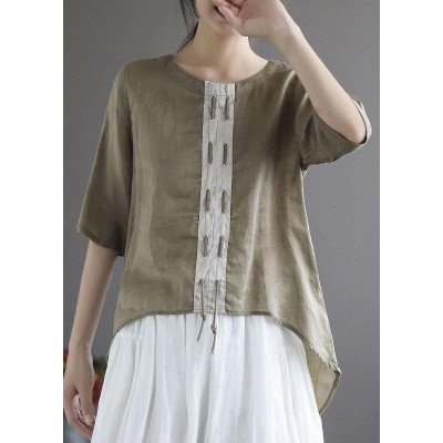 Khaki low high design Design Patchwork Summer Linen Shirt Tops