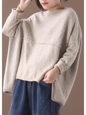 Fashion beige o neck knitted clothes oversize Batwing Sleeve knit sweat tops asymmetric hem
