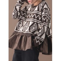 Comfy brown Sweater Blouse patchwork casual Geometry knit tops