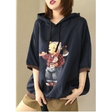 Navy Loose Hooded Print Fall Sweatshirt Street Wear