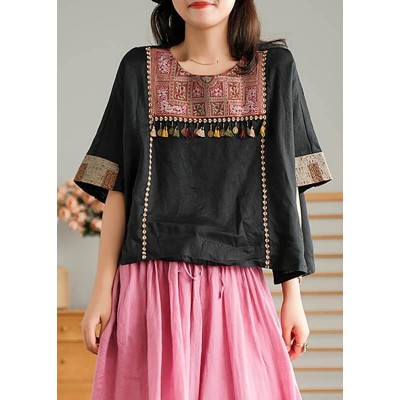 Black Vintage Embroidered Linen Women T-shirt