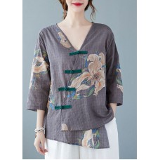 Style Grey V Neck Print Blouses Half Sleeve