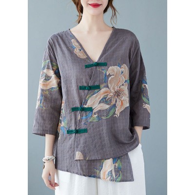 Style Grey V Neck Print Blouses Half Sleeve