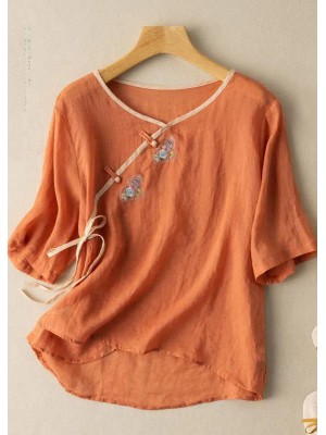 Women Orange V Neck tie waist Embroideried Linen Shirt Top Spring