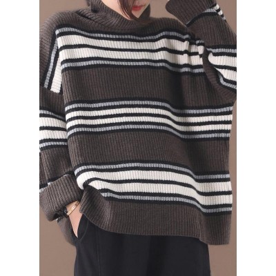 Pullover khaki striped knitted clothes plus size winter knitted blouse high neck