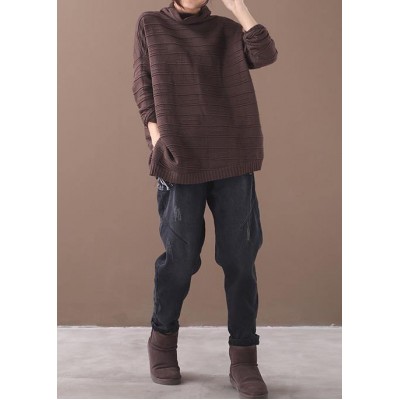 Comfy chocolate clothes high neck thick Loose fitting knitted blouse