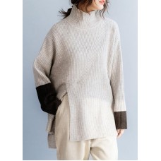 For Spring beige knitted top plus size high neck knit wear front open