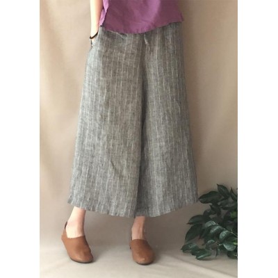 French Summer Women Pants Vintage Gray Striped Fabrics Pockets Pant